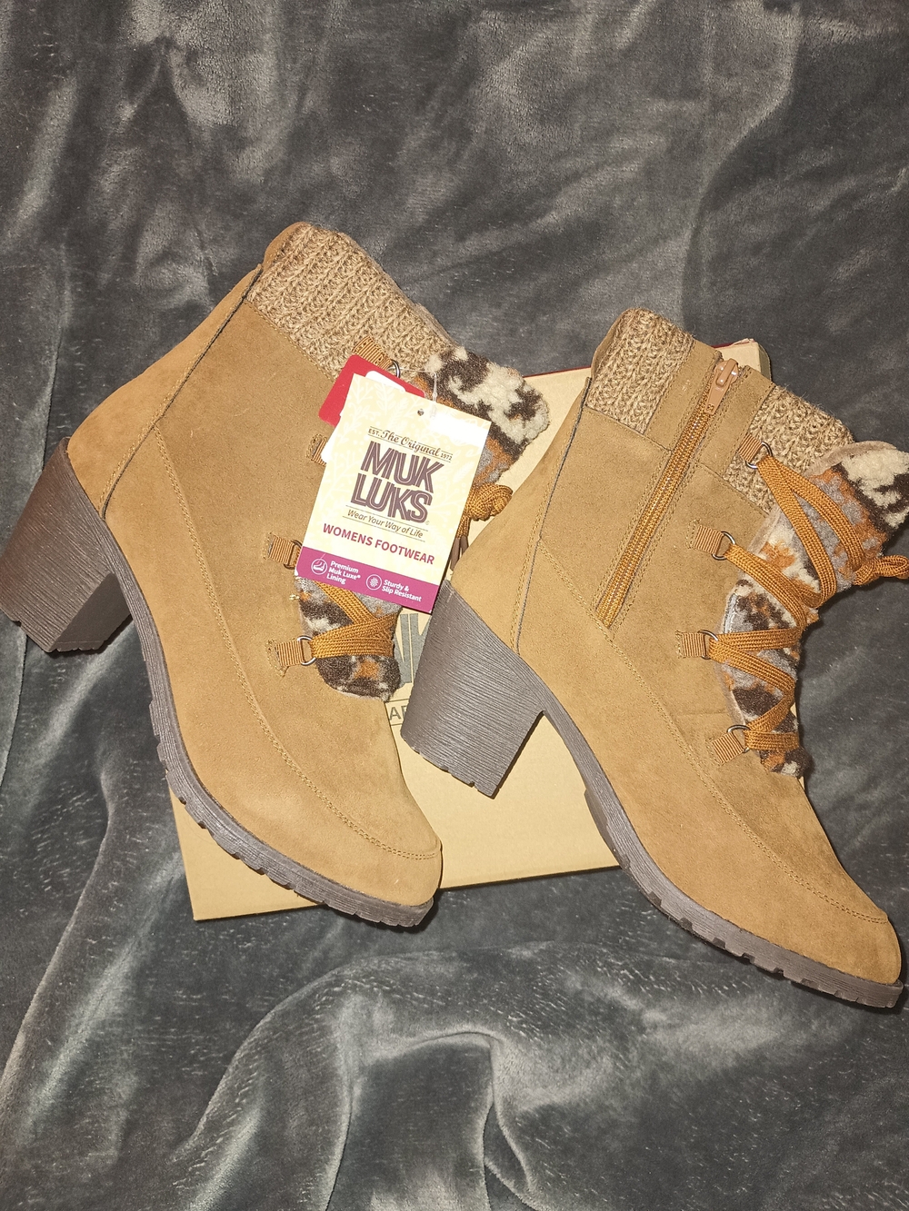 Muk Luks Tan Suede Lace-Up Ankle Boots with Knit Cuff